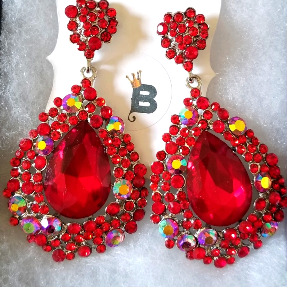 Red/AB Teardrop Pageant Earrings